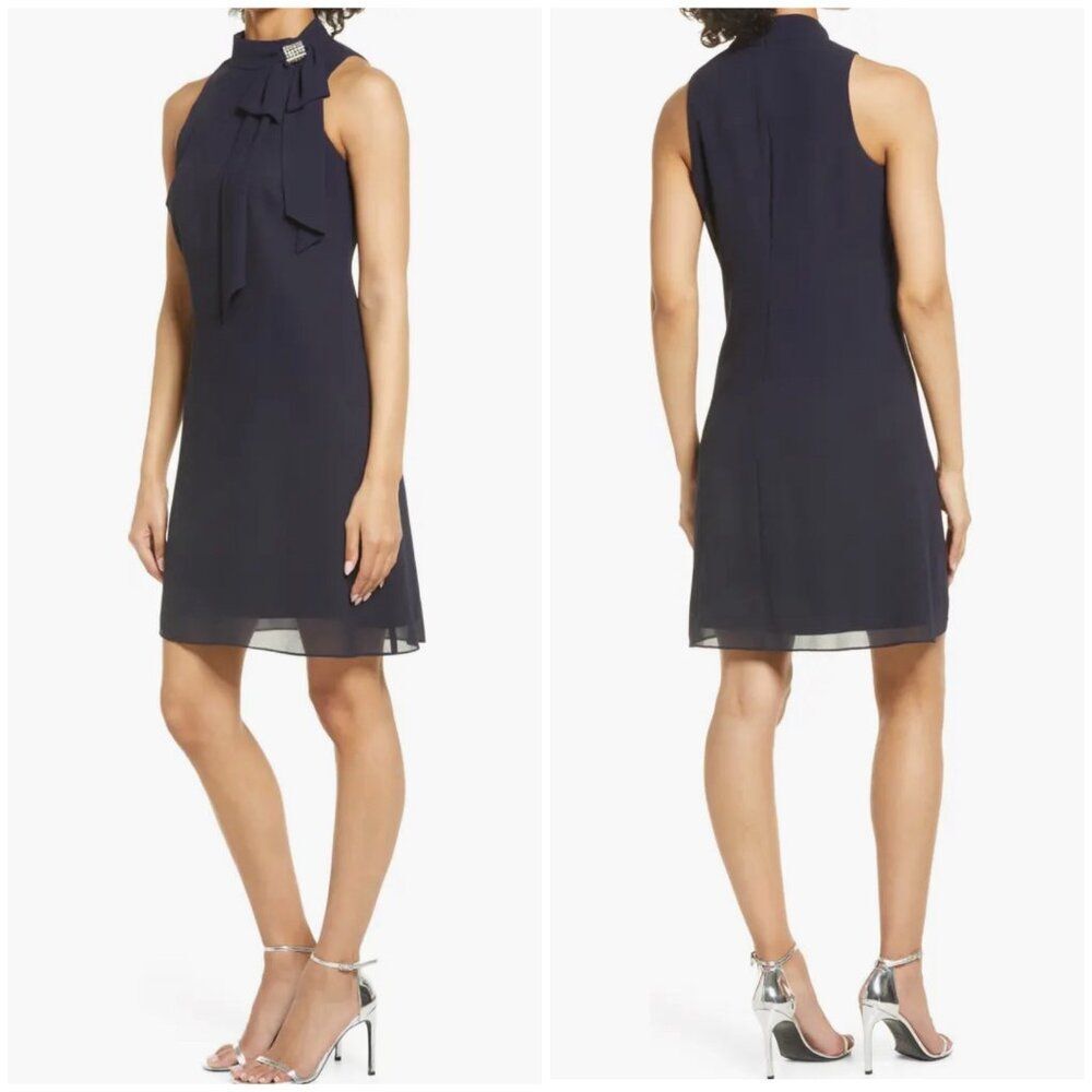 New Vince Camuto Sleeveless Bow Neck Cocktail Dress in Navy Size 14